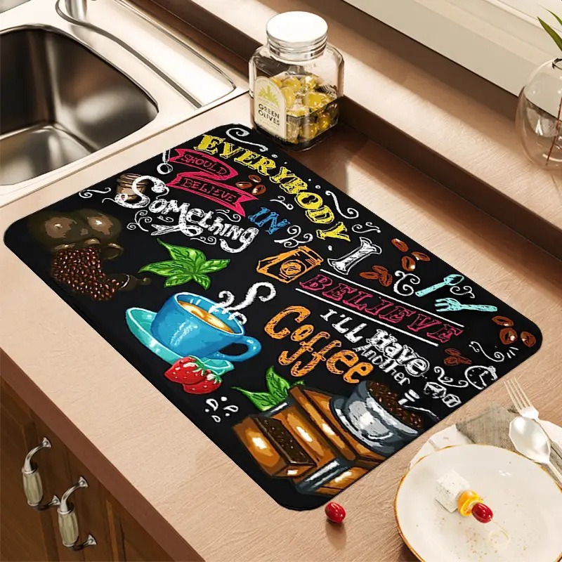 Bar Mat Rubber - クリエイティブコーヒープリントキッチン乾燥マットソフトゴム製滑り止め吸収性汚れ防止マットコーヒーバーカウンタートップ用ディッシュマット