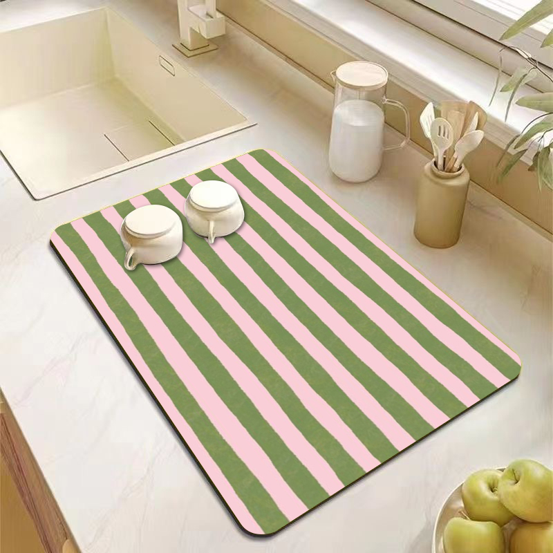 Bar Mat Rubber - 美的ピンクグリーンストライプキッチンカウンターマット装飾食器乾燥マットかわいい水彩画カフェバーテーブルトッププレースマット