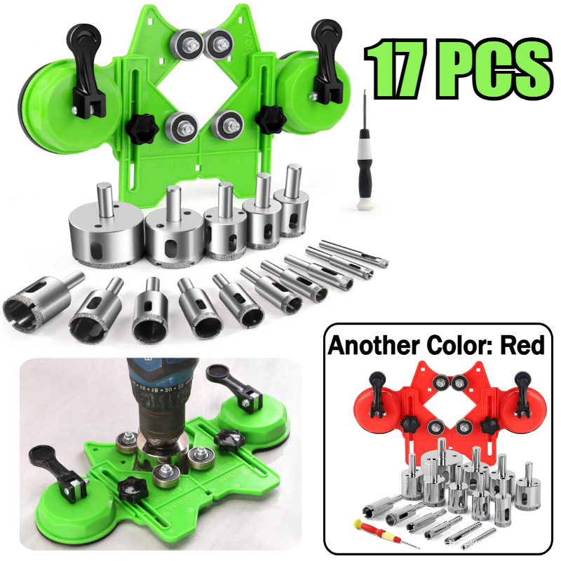 Jigger Double Sided - 17個入り ダイヤモンドタイルドリルビットセット ダブル吸盤 ホールソーガイドジグ (1/4インチ-2インチ) ガラス・セラミック・大理石・磁器切断用